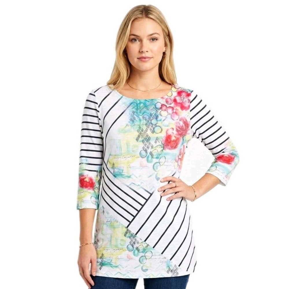 Zenergy by Chico's Womens Tunic Top Size 2 Stripe Floral 3/4 Slv boho Large